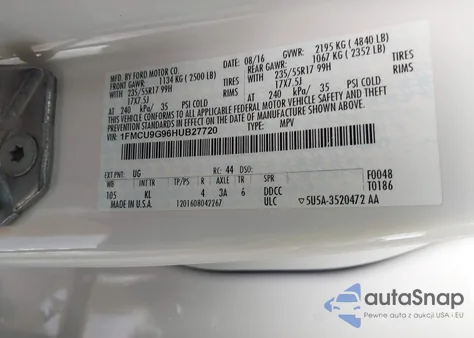 2017 Ford Escape Se z USA, uszkodzony, nr VIN 1FMCU9G96HUB27720